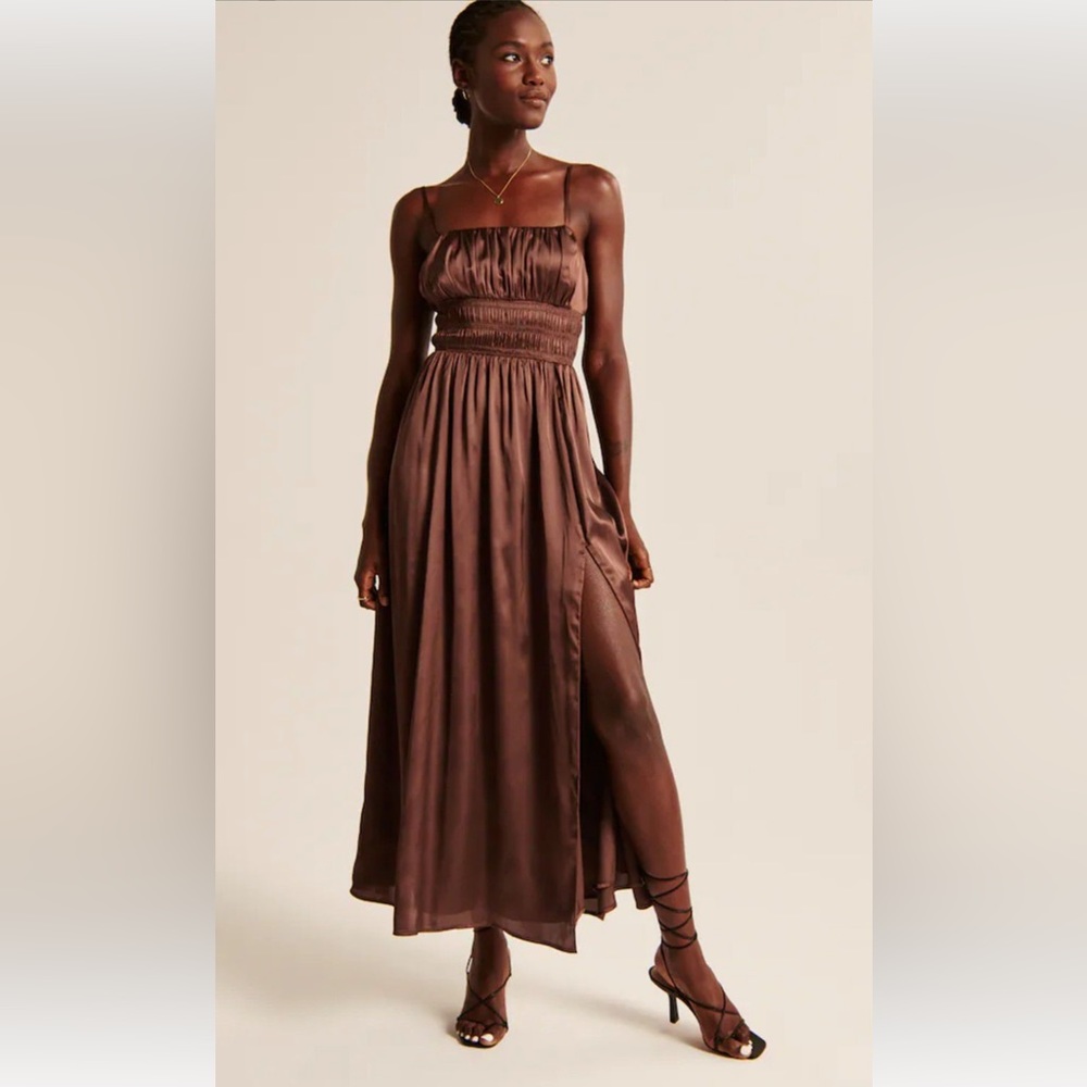 Abercrombie & Fitch Brown Smocked Bodice Satin Maxi Dress size XXSP